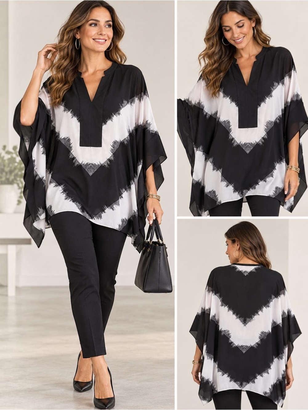 Mossimo Womens M Black White Abstract Chevron Poncho Blouse Cape Sleeve Top